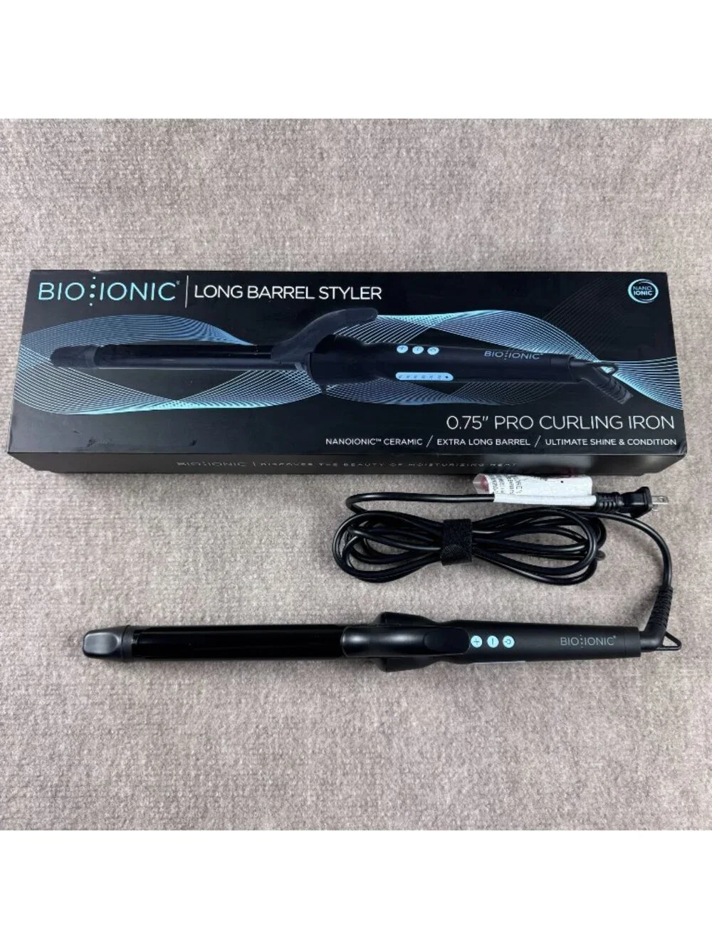 BIO IONIC Long Barrel Curling Iron Styler 0.75-Inch Black Nanoionic Tight Curls